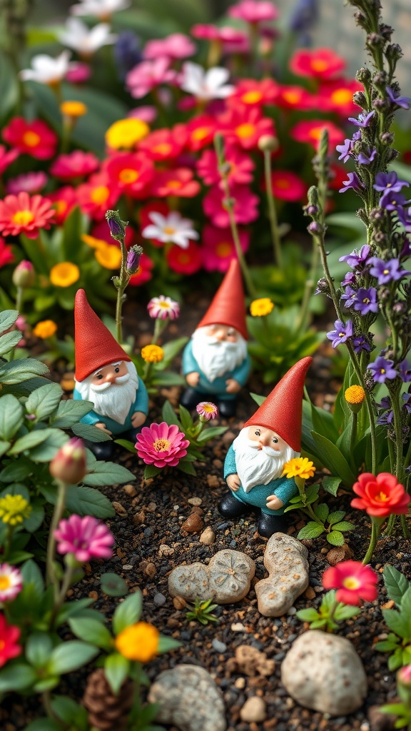 Three playful garden gnomes among colorful flowers in a fairy garden.