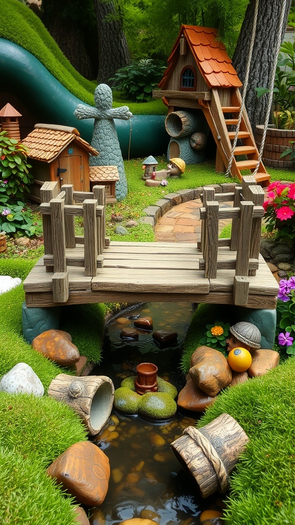 A rustic wooden bridge in a colorful fairy garden with houses and flowers.