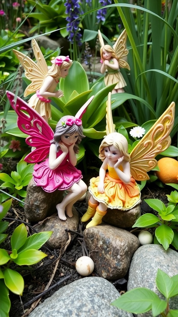 A whimsical fairy garden featuring sculpted fairy figures among colorful flowers and stones.