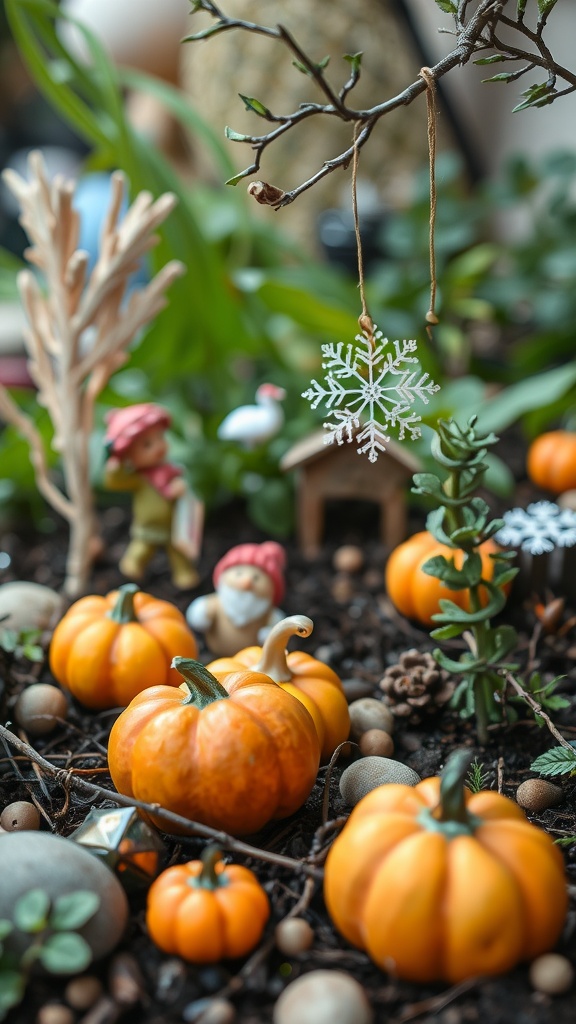 A colorful arrangement of pumpkins, a snowflake hanging from a twig, and miniature fairy figurines in a fairy garden.