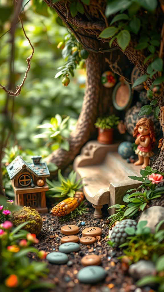 A miniature fairy garden featuring a tiny house, a bench, and a path made of stones surrounded by vibrant plants.