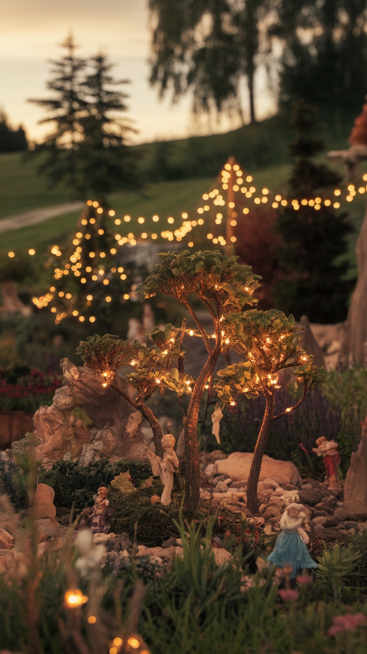 A close-up view of fairy lights illuminating miniature trees and plants in a fairy garden.