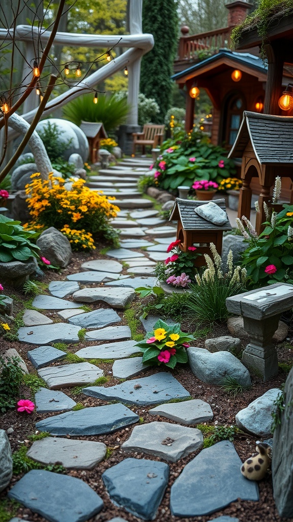A winding stone pathway surrounded by colorful flowers and fairy houses, illuminated by string lights.