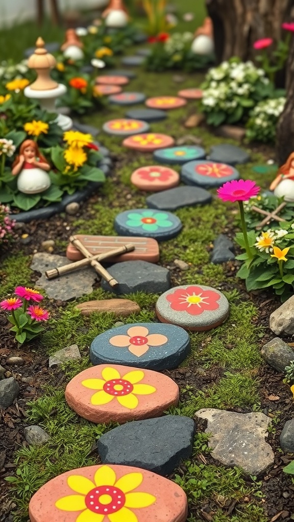 Colorful stepping stones in a whimsical fairy garden pathway surrounded by flowers and decorations