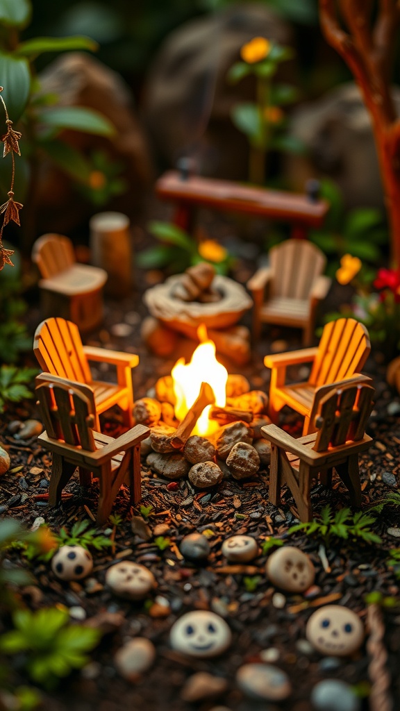 A tiny fairy campfire scene with wooden chairs, a glowing fire, and colorful stones.