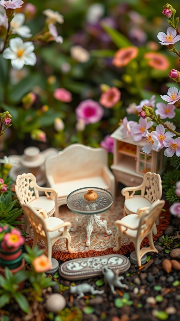 A miniature garden scene featuring tiny furniture including a round table and four chairs surrounded by colorful flowers.