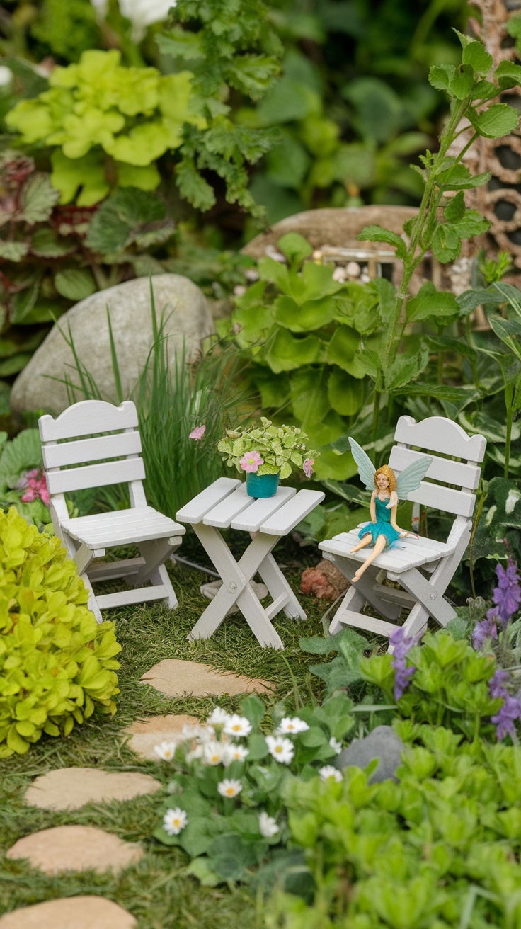 A charming tiny garden furniture set with a round table and four chairs, surrounded by flowers and greenery in a fairy garden.