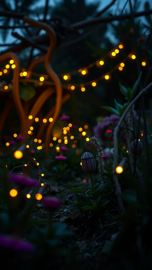 A garden scene featuring twinkling fairy lights among colorful flowers, creating a magical atmosphere.
