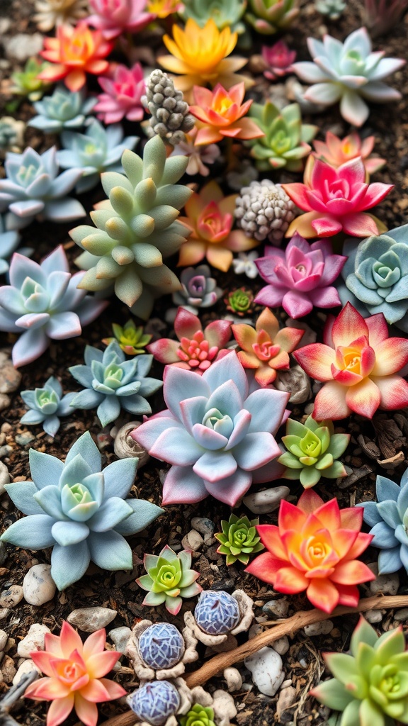 Colorful array of succulents in various shapes and sizes, creating a vibrant garden display.