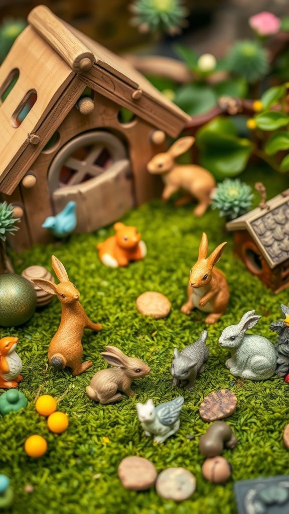 A charming miniature fairy garden featuring animal figurines around a small wooden house.