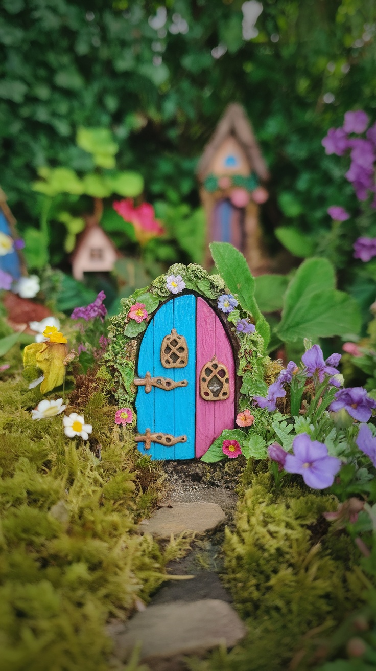 A whimsical fairy door made of stones and wood, surrounded by miniature plants and flowers.