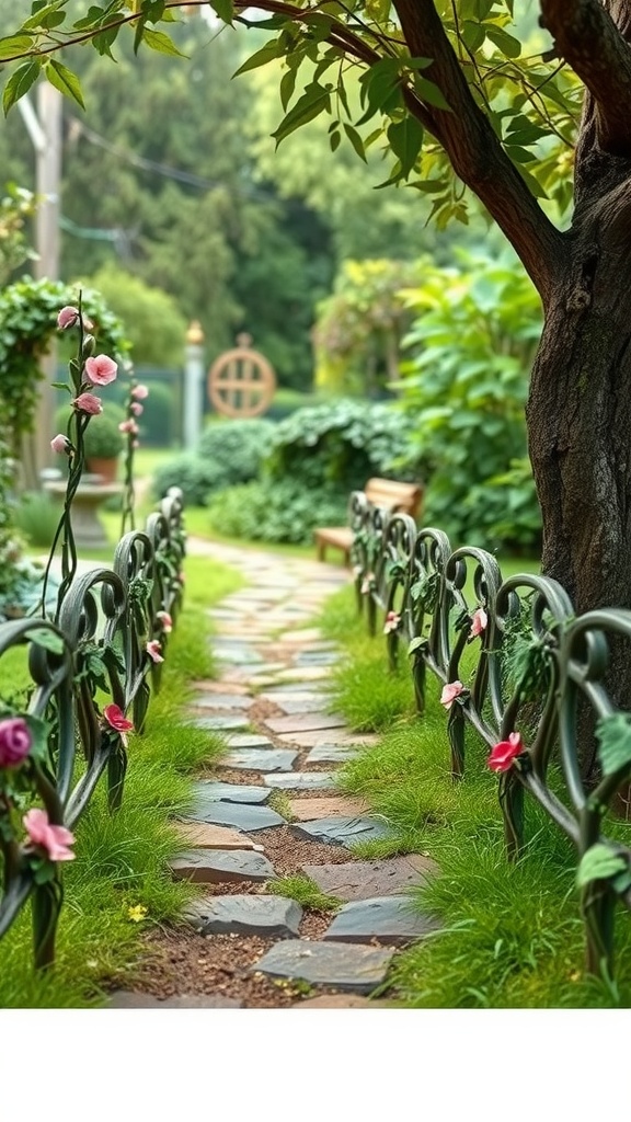 A whimsical fairy garden pathway with decorative railings and lush greenery.