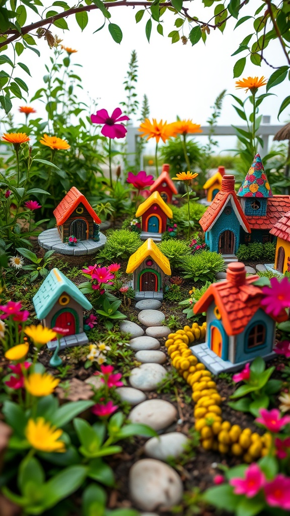 A colorful arrangement of miniature houses surrounded by flowers and greenery in a fairy garden.