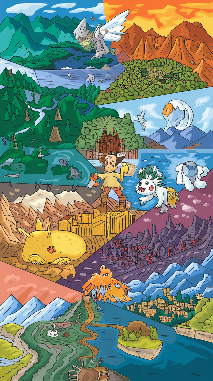 A colorful illustration showing various fantastical landscapes and characters in different regions.