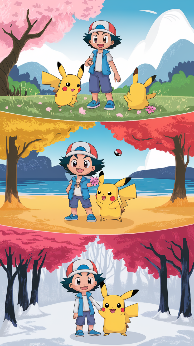 Ash and Pikachu in three seasonal settings: spring with flowers, summer at the beach, and winter in the snow.