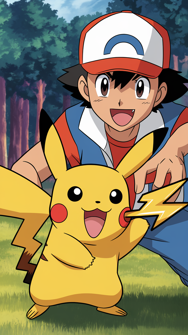 Ash and Pikachu smiling in a forest setting, with Pikachu generating a lightning bolt.