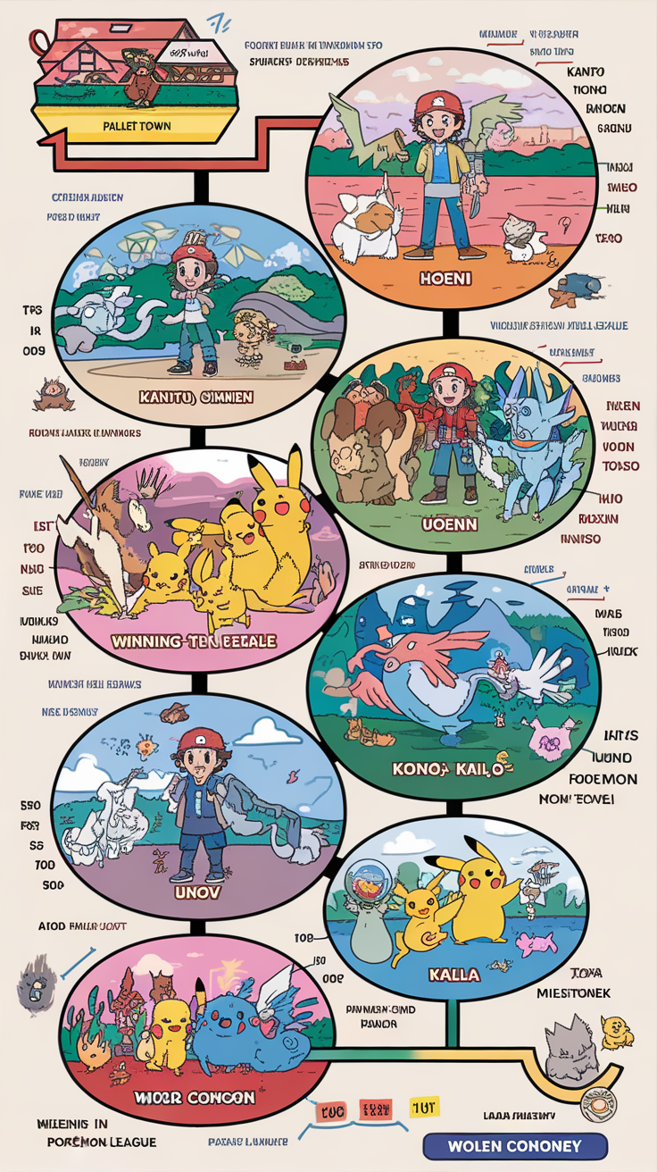 A visual journey of Ash Ketchum's evolution as a Pokémon trainer across different regions.