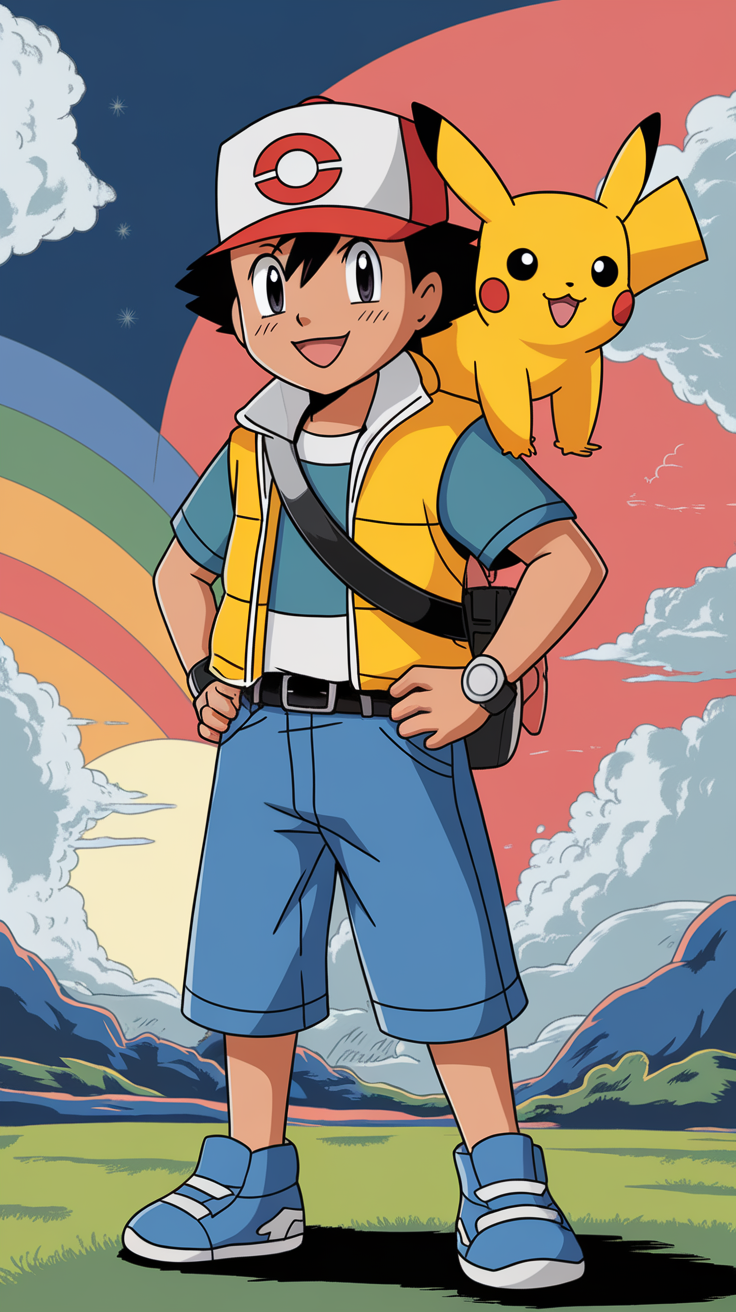 Image of Ash from Pokémon wearing his iconic trainer outfit with Pikachu on his shoulder, set against a colorful background.