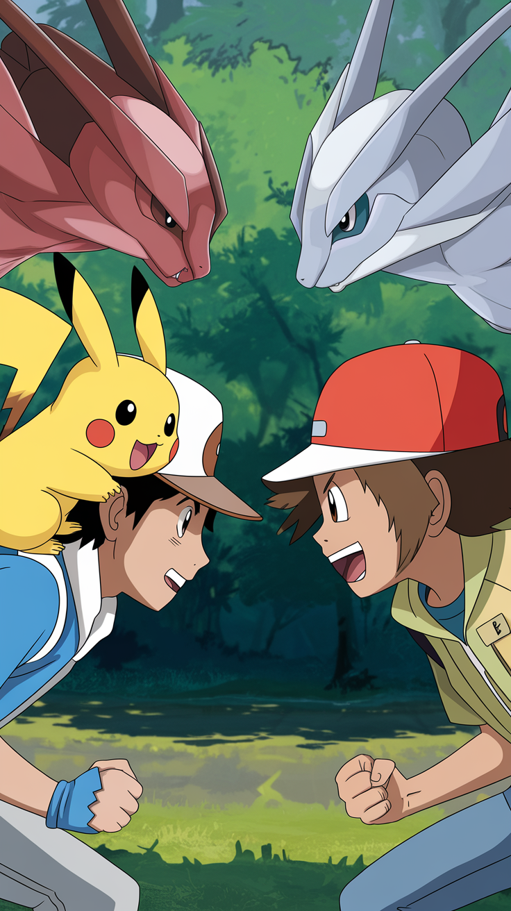 Ash and his rival facing off with their Pokémon in a forest setting.