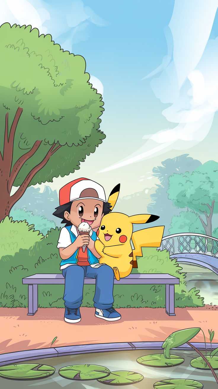 Ash with Pikachu enjoying ice cream in a park