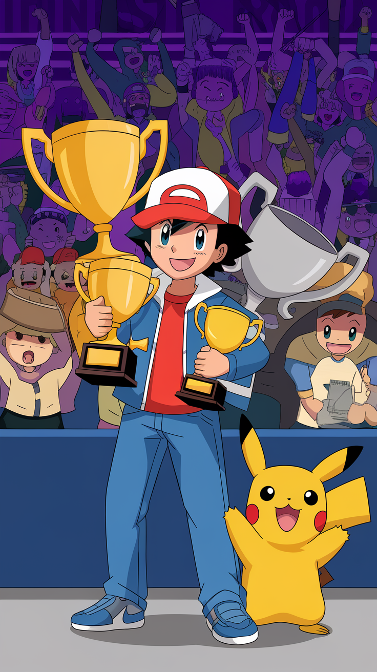 Ash holding trophies with Pikachu, surrounded by cheering fans