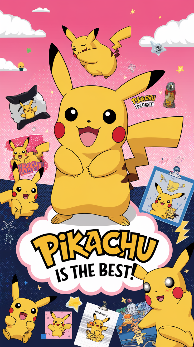 Colorful illustration of Pikachu with the text 'Pikachu IS THE BEST!' surrounded by smaller Pikachu images.