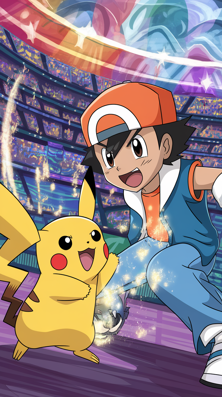 Ash and Pikachu in a vibrant stadium setting, ready for battle