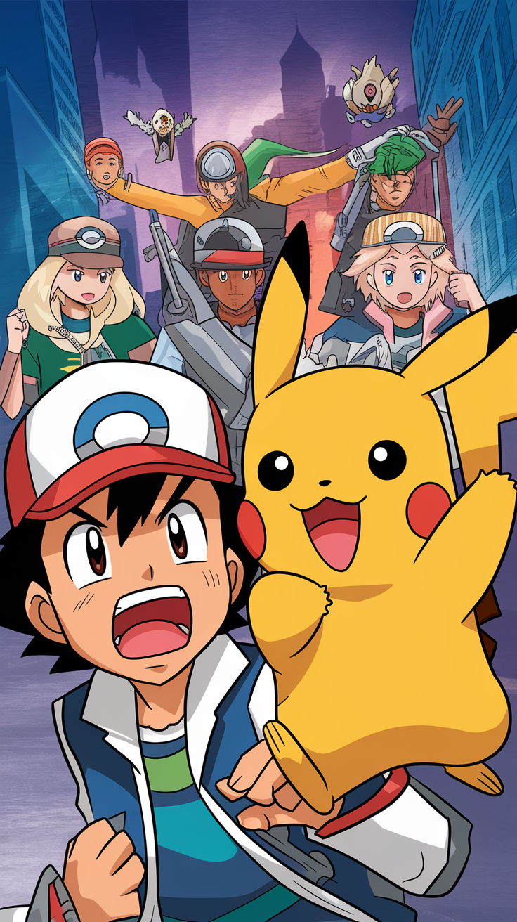 Ash Ketchum and Pikachu lead a group of trainers in an urban setting, ready to face Team Rocket.