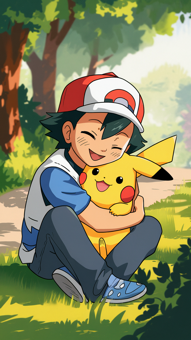 A joyful boy hugging a Pikachu in a sunny forest