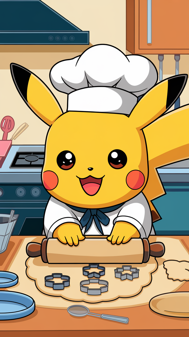 Pikachu wearing a chef's hat, rolling dough for cookies in a kitchen.