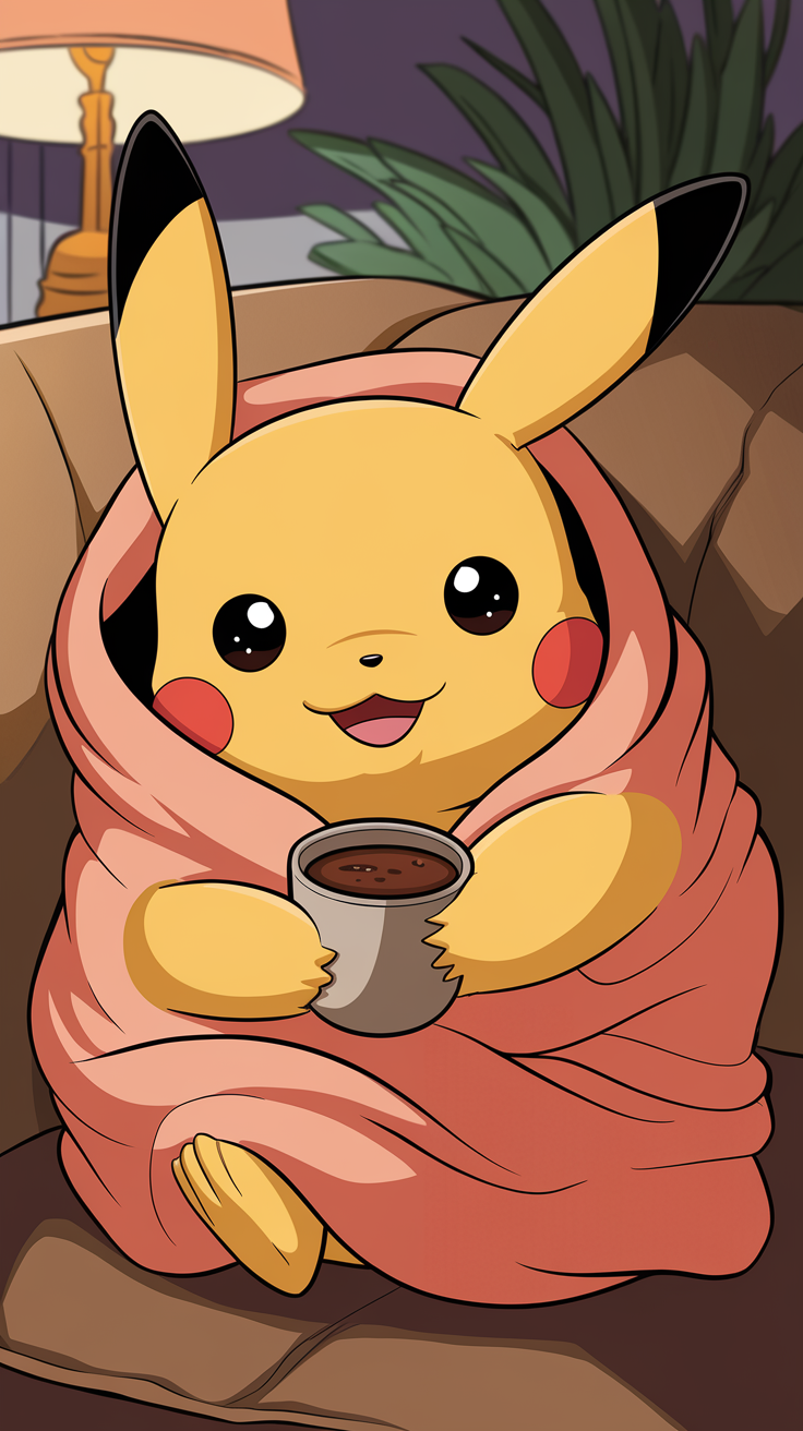 Pikachu wrapped in a blanket, holding a cup, looking cozy