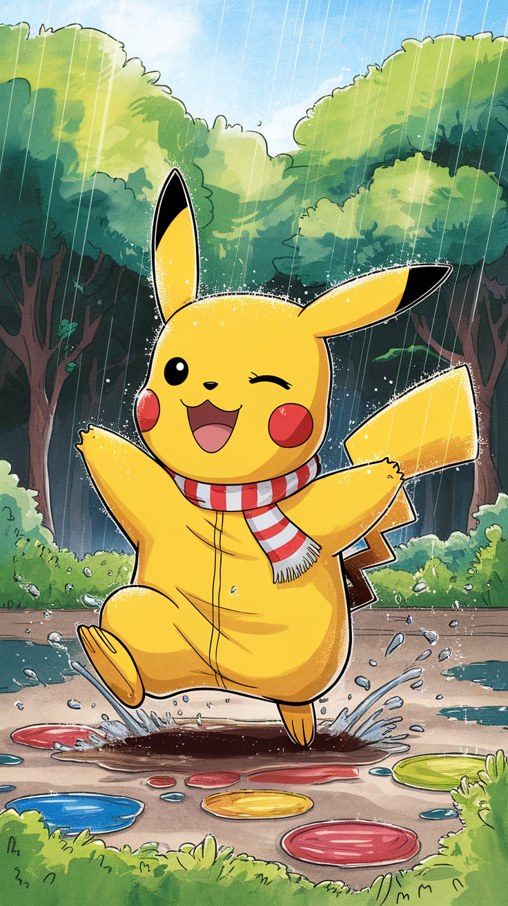 Pikachu dancing in the rain, wearing a scarf and jumping in puddles