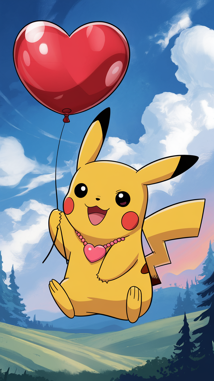 A cheerful Pikachu holding a red heart-shaped balloon, wearing a shirt with hearts on it, in a sunny landscape.