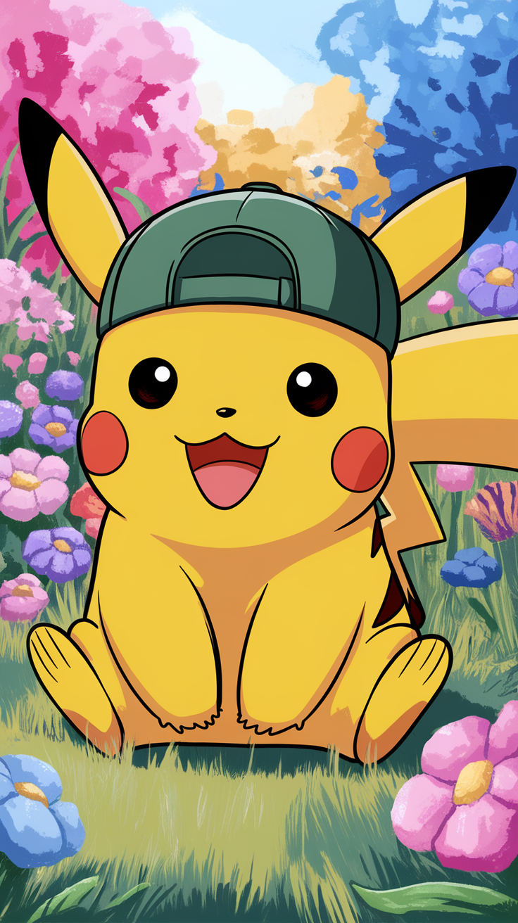 Pikachu sitting in a garden of colorful flowers