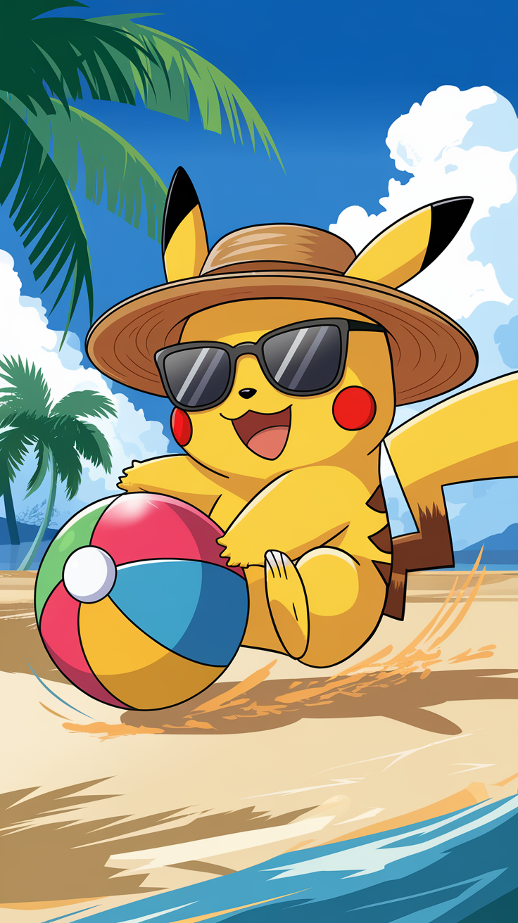 Pikachu wearing sunglasses and a straw hat, playing with a beach ball on the beach.