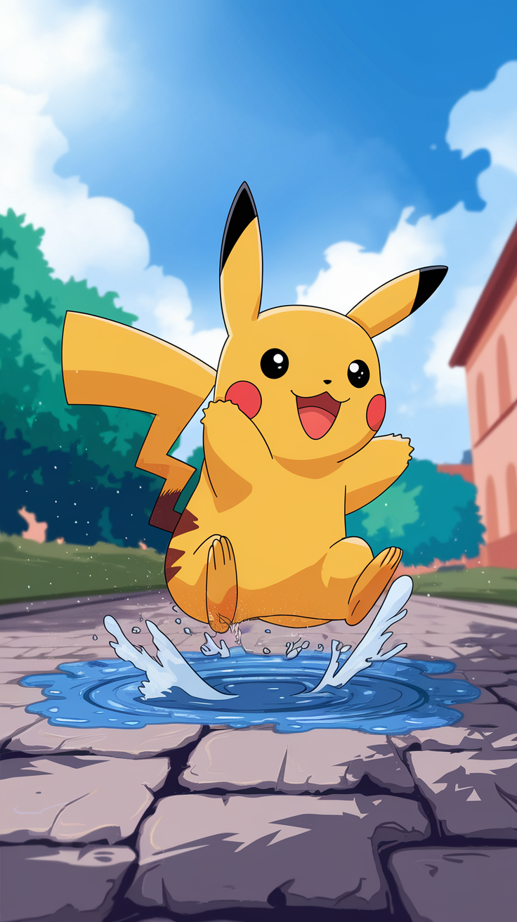 Pikachu joyfully splashing in a puddle