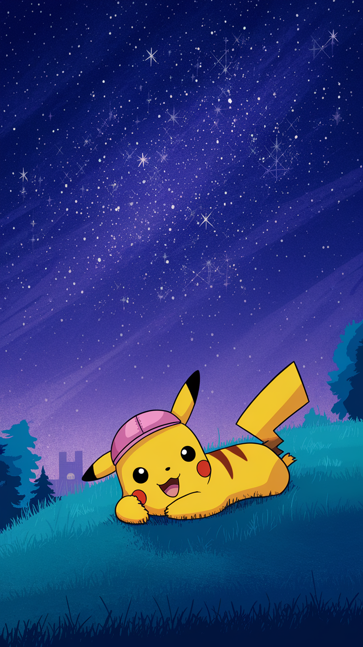 Pikachu lying on grass, gazing at a starry night sky