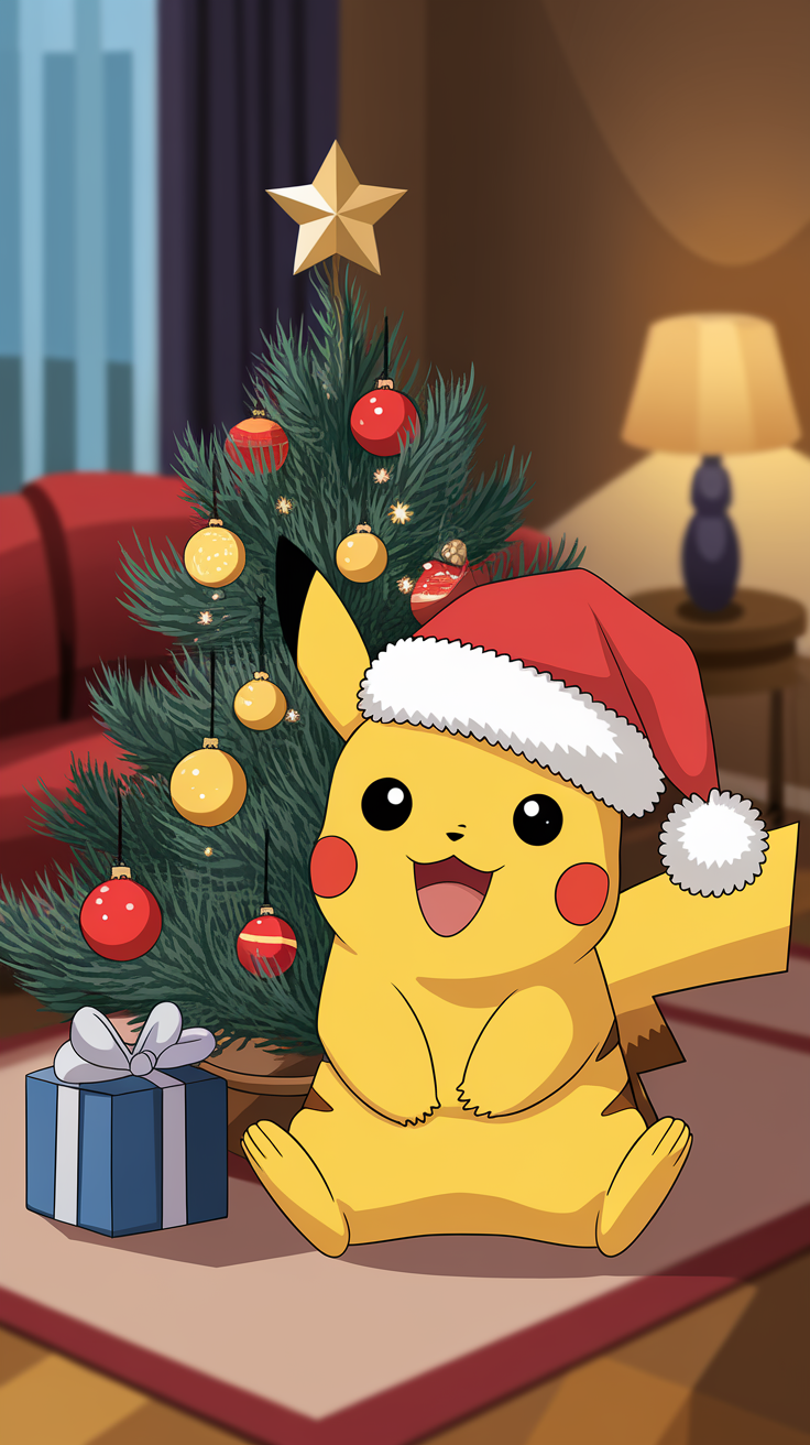 A cheerful Pikachu wearing a Santa hat sits next to a decorated Christmas tree with a gift.