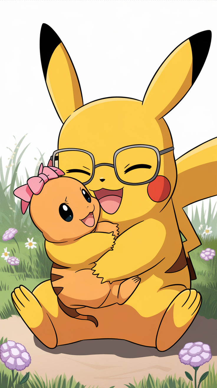 Pikachu holding a baby Charmander with a happy expression