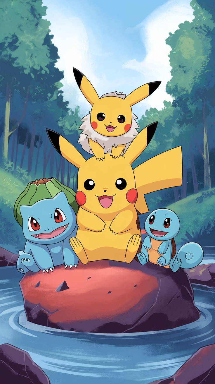 Pikachu with friends Bulbasaur, Squirtle, and an Eevee-like Pokémon sitting on a rock by a stream.