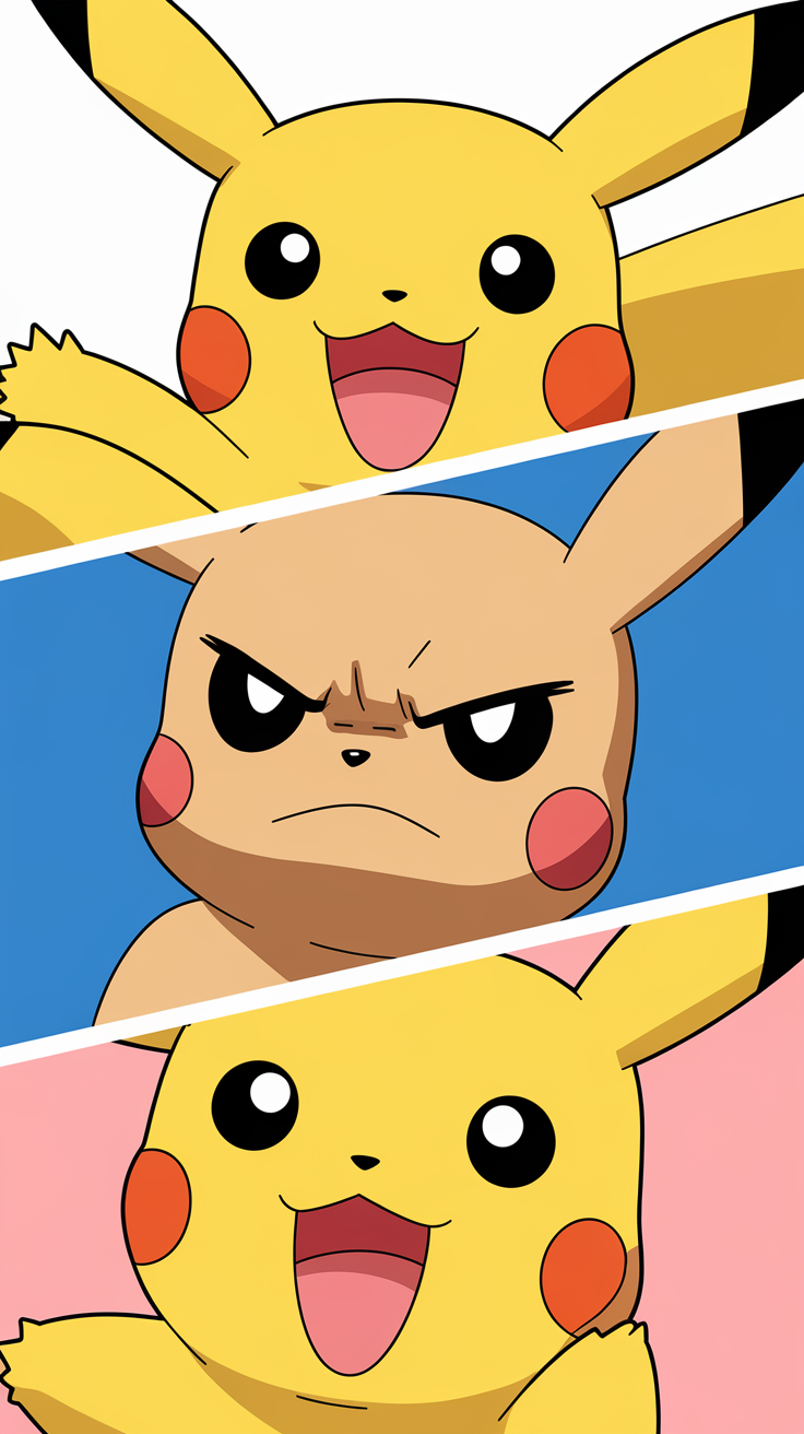 Three panels of Pikachu's expressions: happy, serious, and joyful.