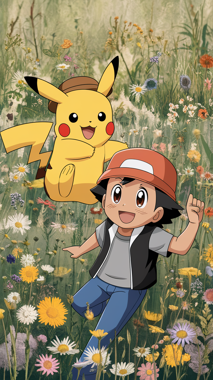 Pikachu and a boy playing in a field of flowers, both appear happy and playful.