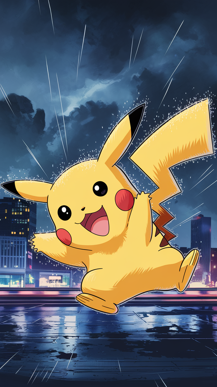 An animated Pikachu joyfully jumping in a city under a stormy sky, showcasing its lightning bolt tail.