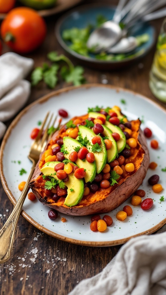 Baked sweet potatoes topped with beans, corn, avocado, and garnish.