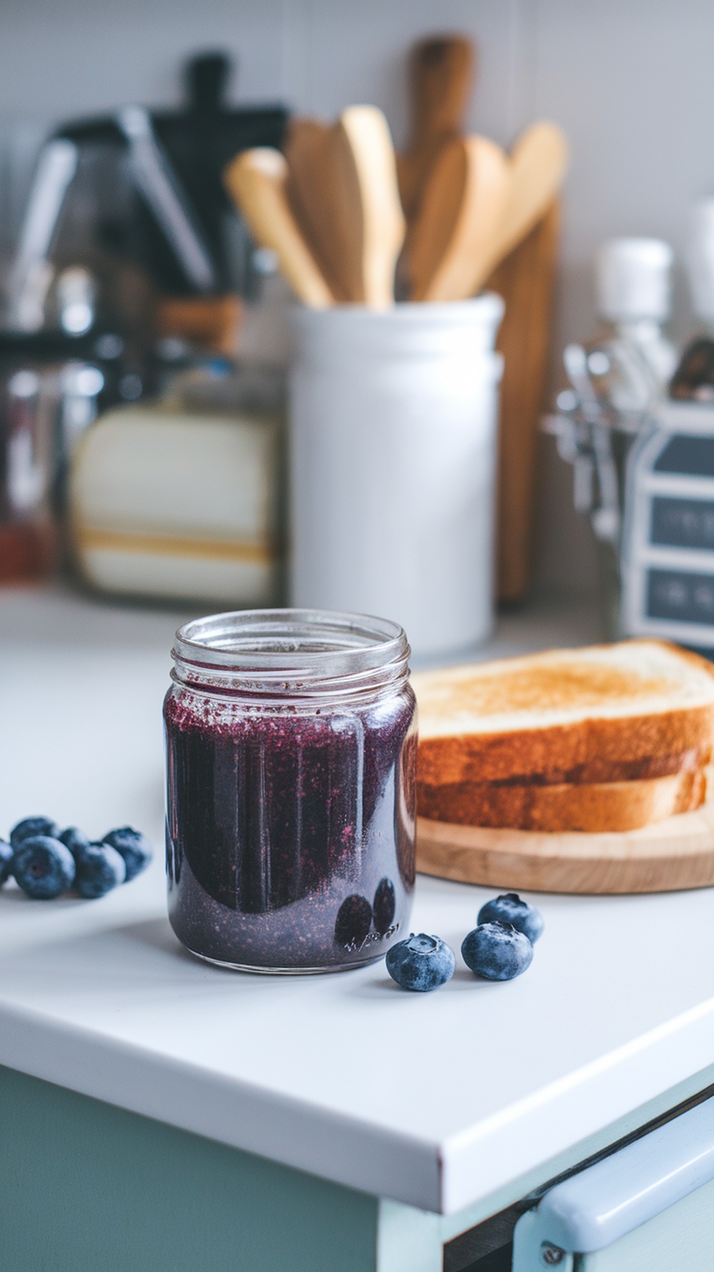 A jar of blueberry chia seed jam beside slices of toast and fresh blueberries on a kitchen counter.