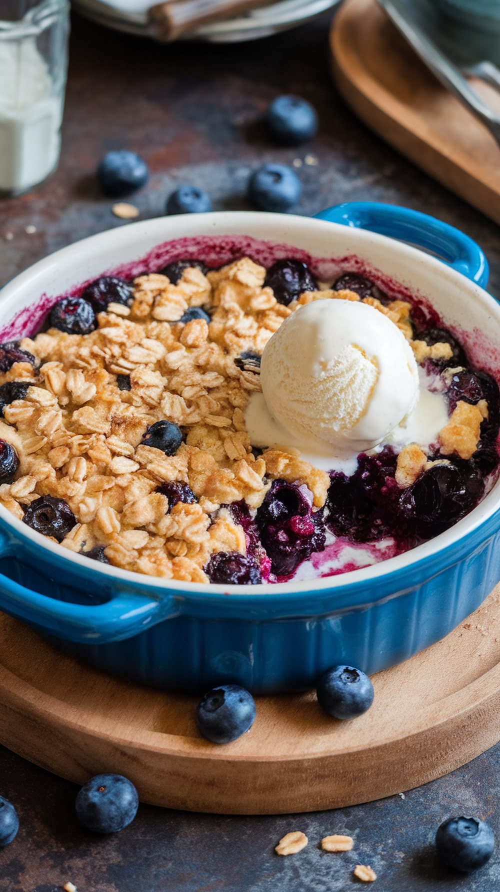 A delicious blueberry crisp topped with oats and vanilla ice cream