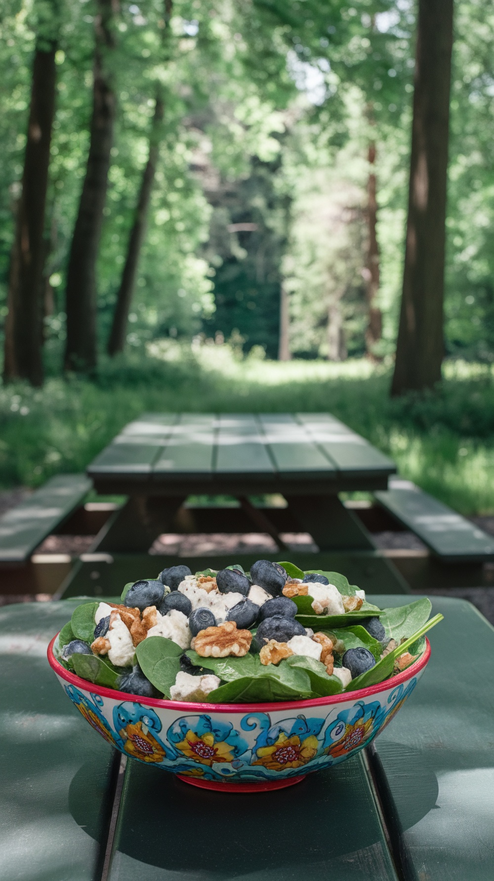 A colorful bowl of blueberry spinach salad with goat cheese and walnuts.