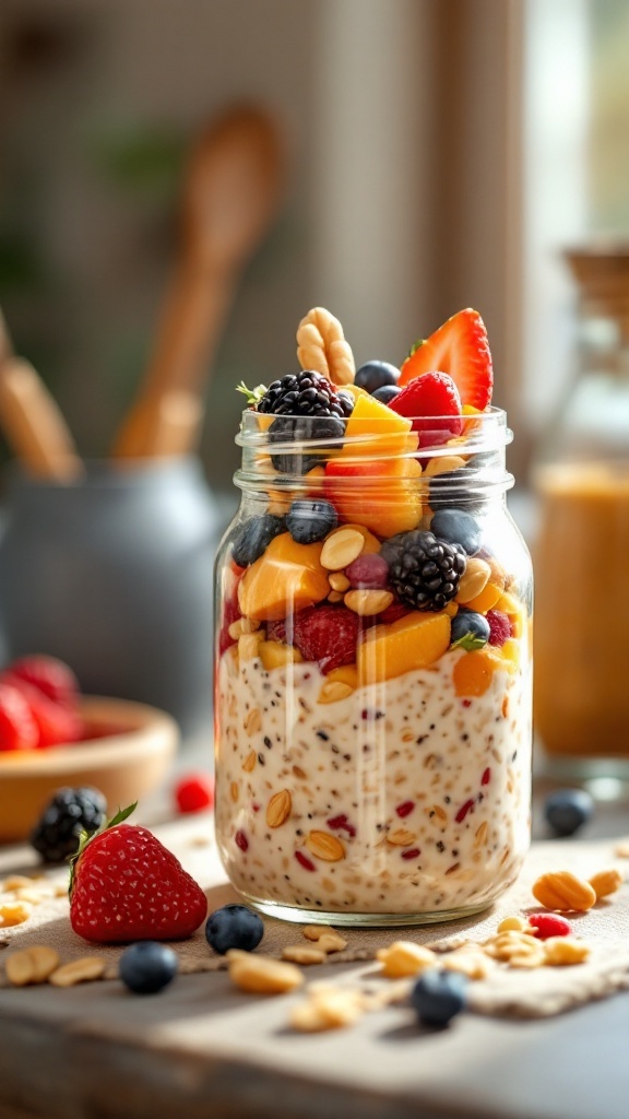 Chilled overnight oats topped with mixed berries and nuts in a jar.