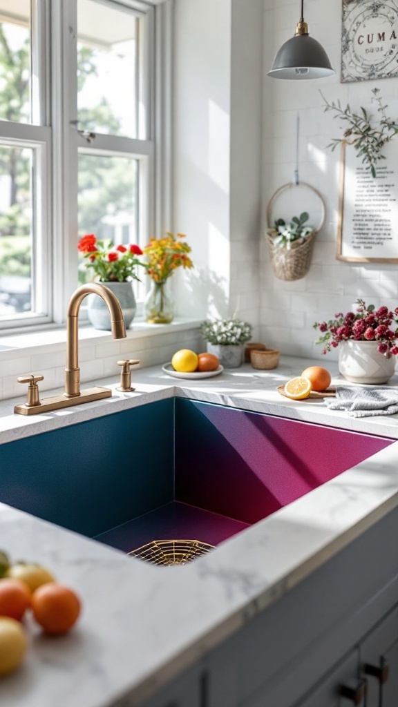 A colorful composite kitchen sink in a stylish kitchen setting with flowers and fruits around.