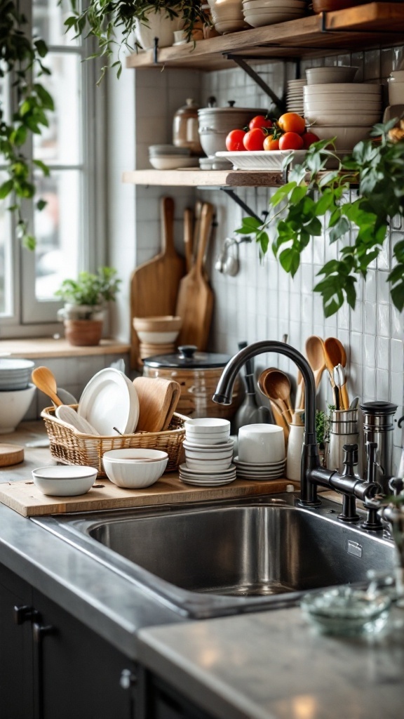 A beautifully designed kitchen featuring a double bowl sink, wooden shelves, and various kitchenware.